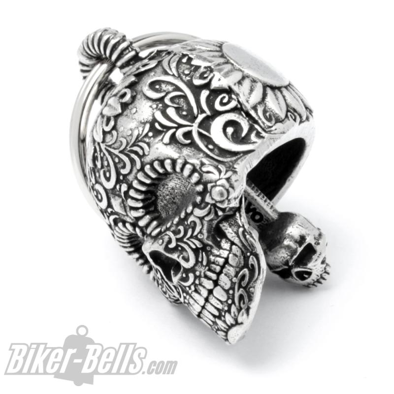 3D Totenkopf Biker-Bell verziert mit Blumen mexikanischer Candy Skull Ride Bell